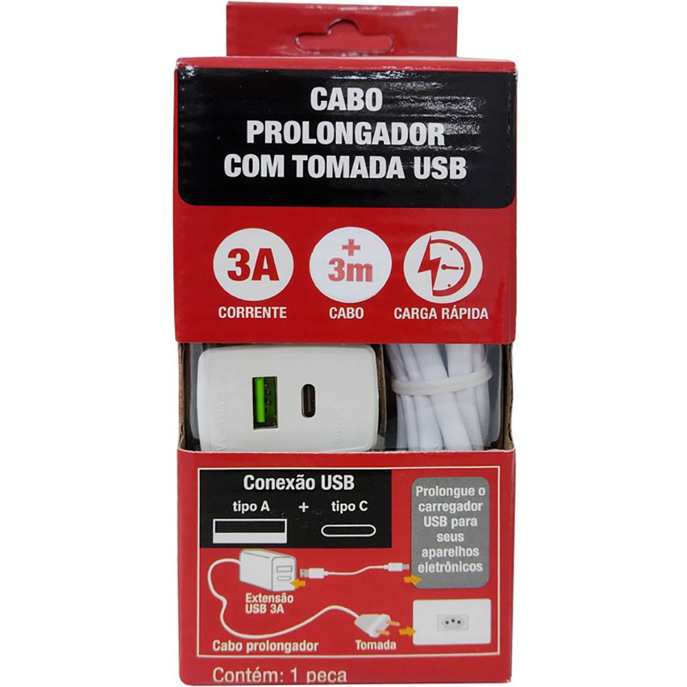 EXTENSAO CARREGADOR USB/TIPO C 3A 3M BRANCO FORCE LINE