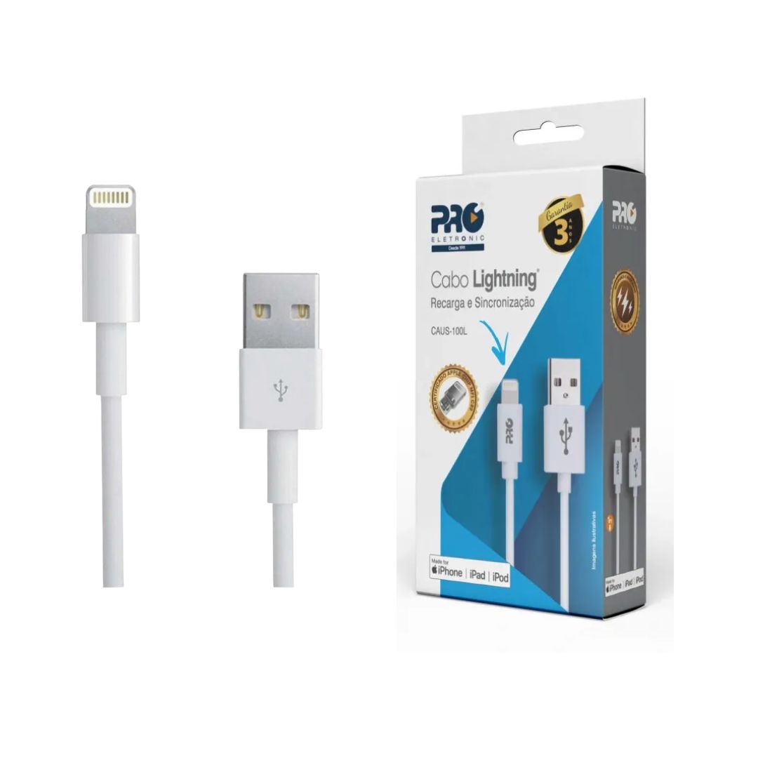 CABO CARREGADOR USB LIGHTNING IPHONE 2.4A 1M CASU-100L BRANCO PROELETRONIC