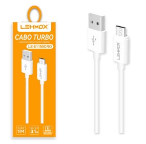 CABO CARREGADOR USB V8/MICRO 3.1A 1M LEY-811 BRANCO LEHMOX