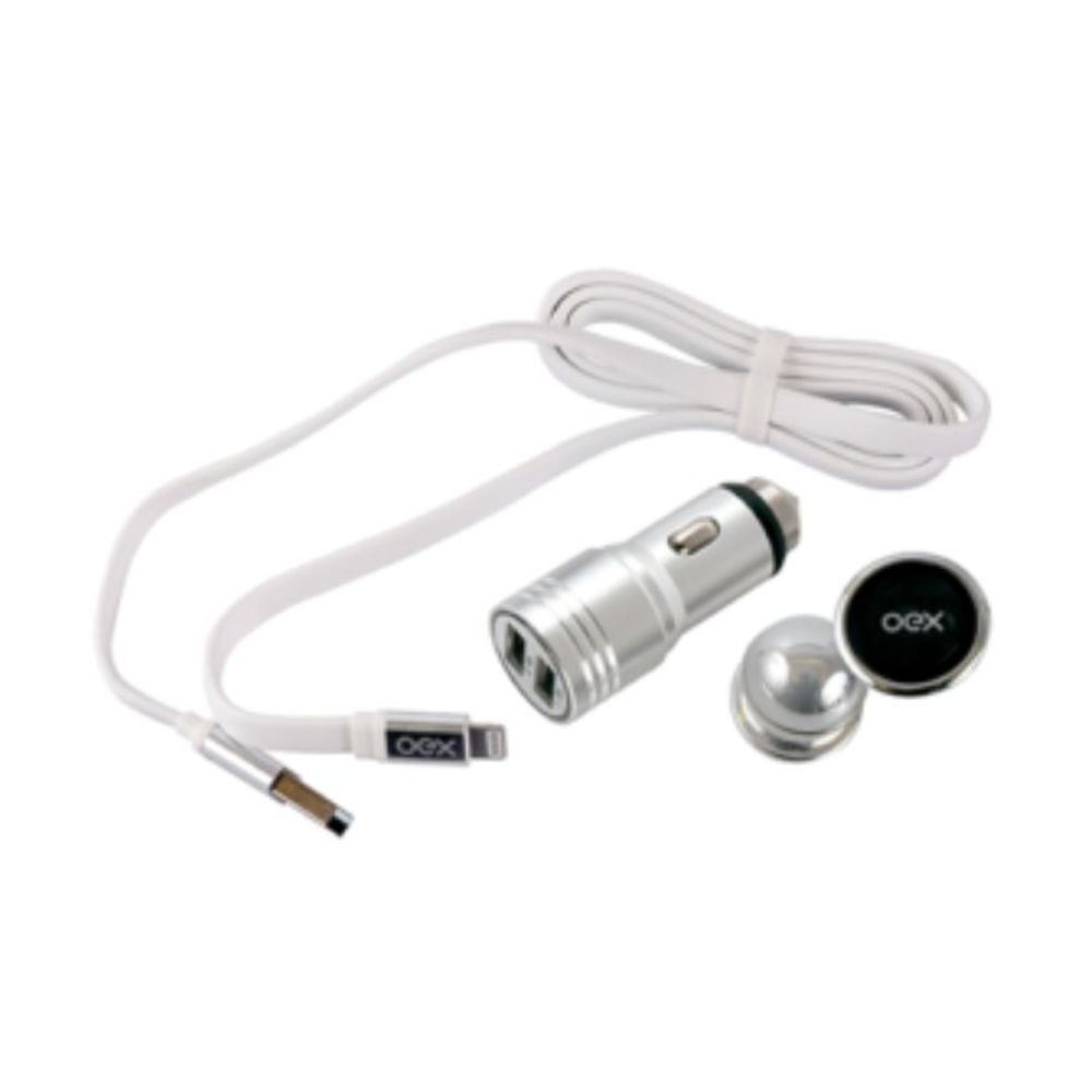 KIT CARREGADOR AUTOMOTIVO + CABO IPHONE + SUPORTE VEICULAR MAGNETICO 3.1A KV100 PRATA/BRANCO OEX