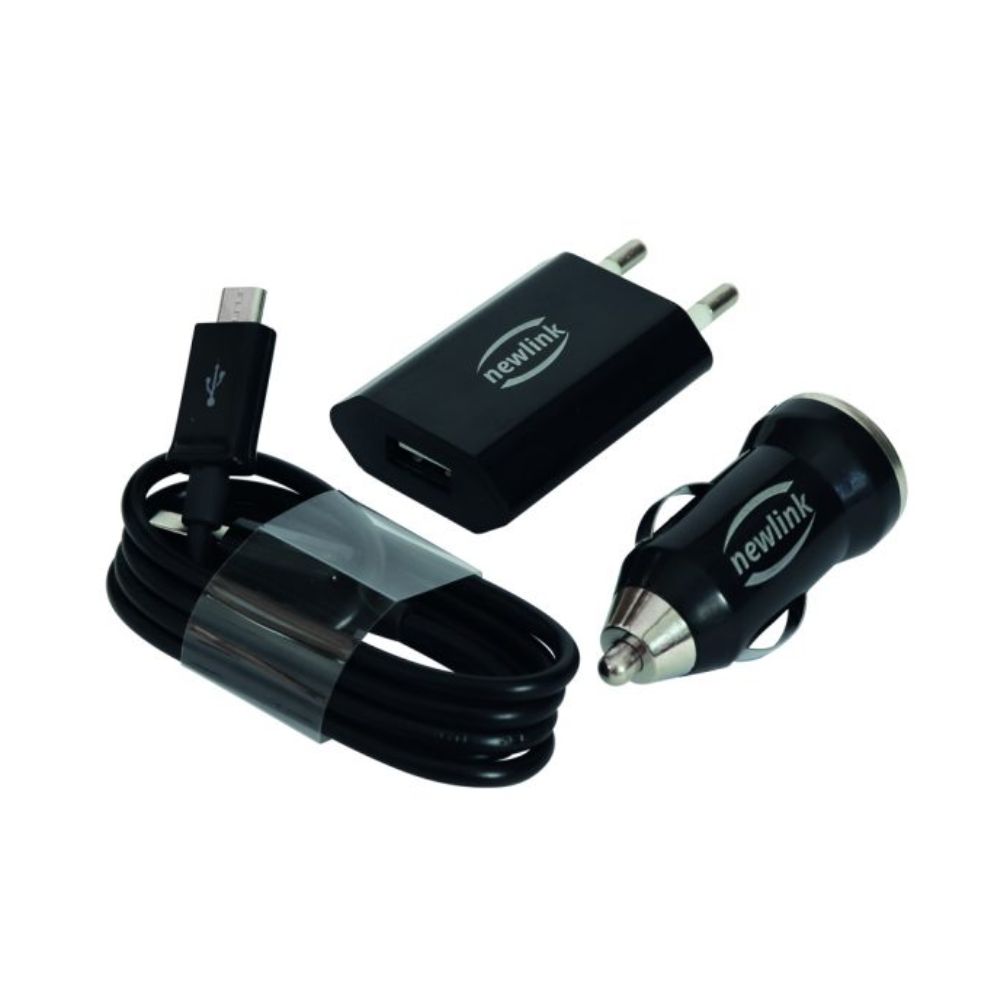 KIT CARREGADOR AUTOMOTIVO + CARREGADOR MICRO USB  C/ 1 ENTRADA USB 1A KT100 NEWLINK