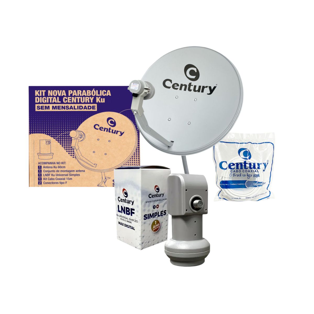 KIT ANTENA KU 60CM CINZA + LNBF SIMPLES + KIT CABO 15M C/ 2 CONECTORES C/ CAIXA CENTURY