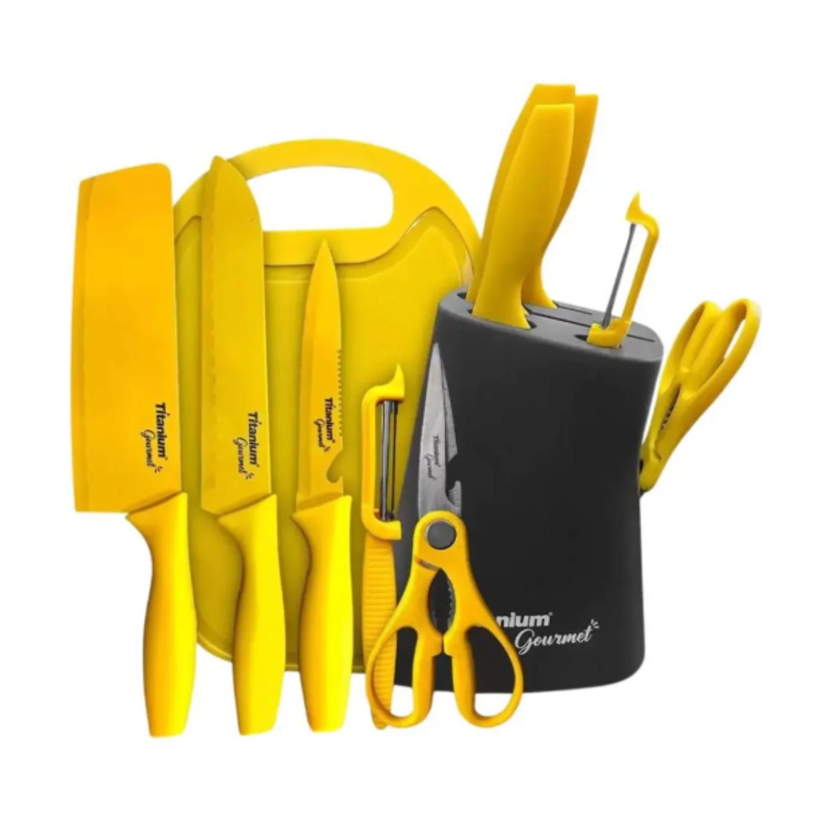 KIT FACAS COM TABUA E PORTA FACAS PRIME 7PCS TITANIUM